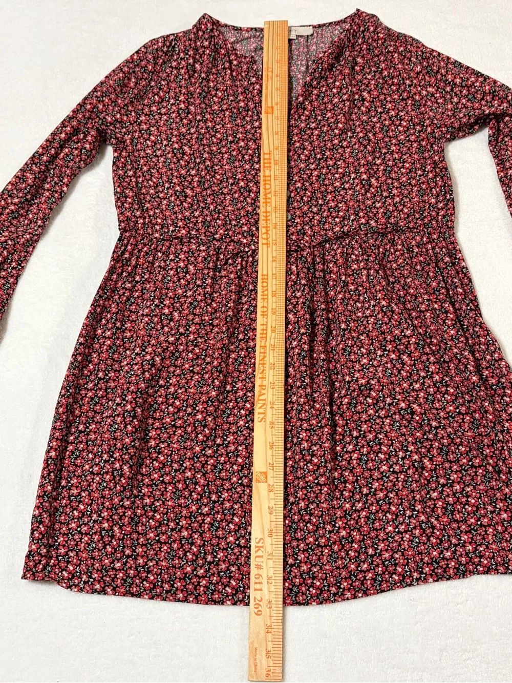 Loft Red Ditsy Floral Tie Long Sleeve Swing Mini Dress Size XS
